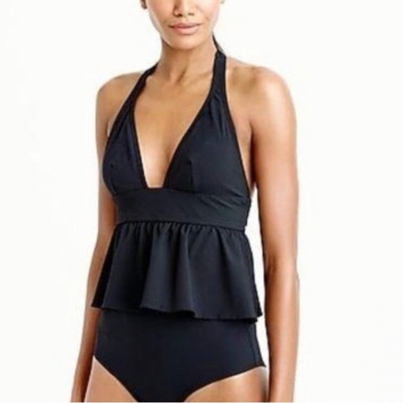 NWT J. Crew Halter Peplum Tankini Top in Pique Nylon Black - Picture 1 of 6